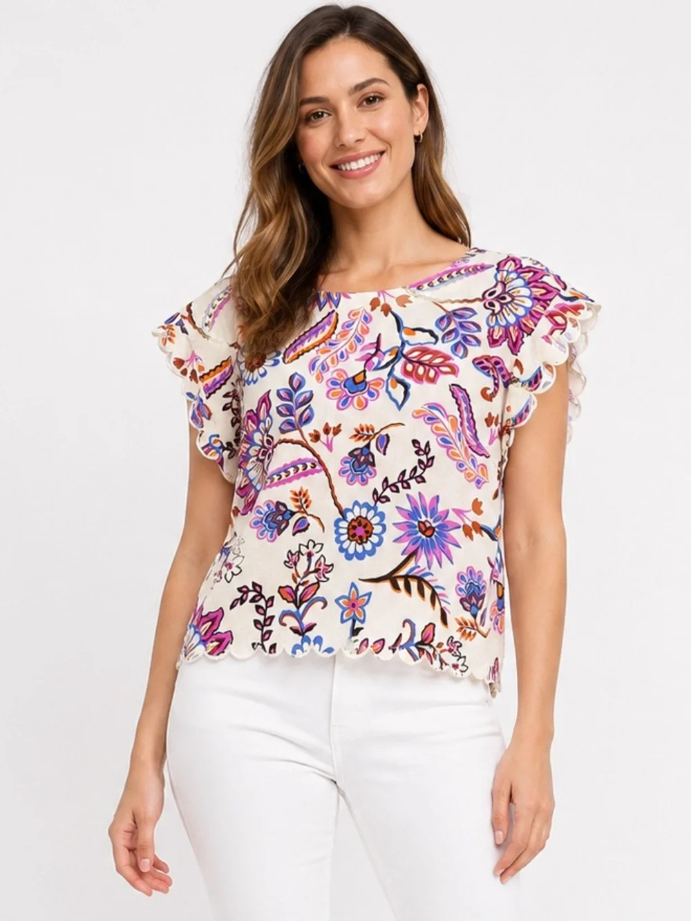 Ellen Tracy Mixed Botanical Floral Linen Blend Scalloped Boxy Top Large coastal - Picture 1 of 8